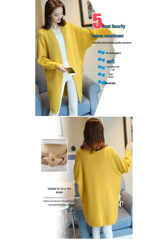 Women's Mid-Length Batwing Sleeve Knit Cardigan Shawl - Loose Fit, Plus Size, Korean Style for Autumn/Winter 2023