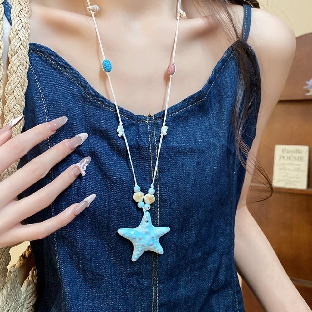 Dopamine Bead Starfish Shell Necklace Bohemian Summer Clavicle Chain Starfish Choker Vacation