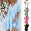 Women's Summer V-neck Solid Color Short Sleeve Pleated Loose Dress