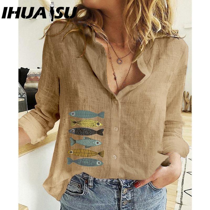 

IHUASU Женская модная повседневная блузка с длинным рукавом и воротником поло с принтом маленьких рыбок XXXXXL кофейный