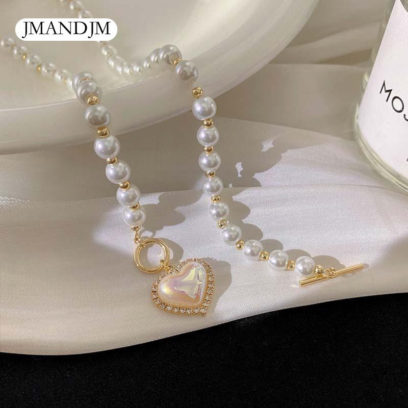 Nytt elegant perleperlekjede for kvinner Damemote Rhinestone Shell Heart Pendent Halskjede Choker smykker LXY