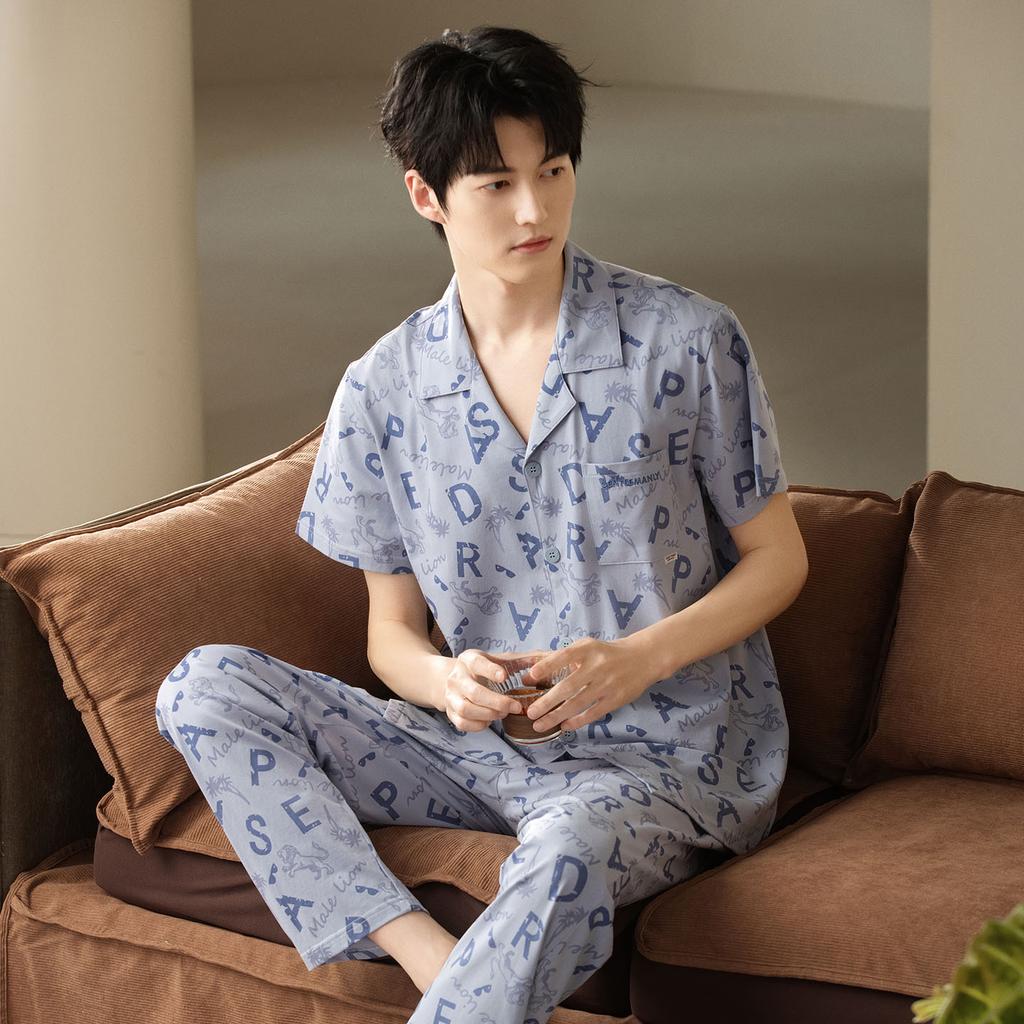 Pajamas Men's Summer Cotton Short Sleeve Pants Set Thin Men's Large Size High-end Fashion Alphabet Homewear