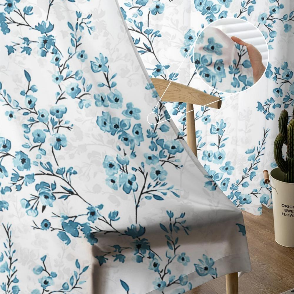 Blue Floral Leaves Transparent Drapes for Living Room Decoration Window Panel Curtains for Cooking Area Fine Netting Voile Organza Drapes