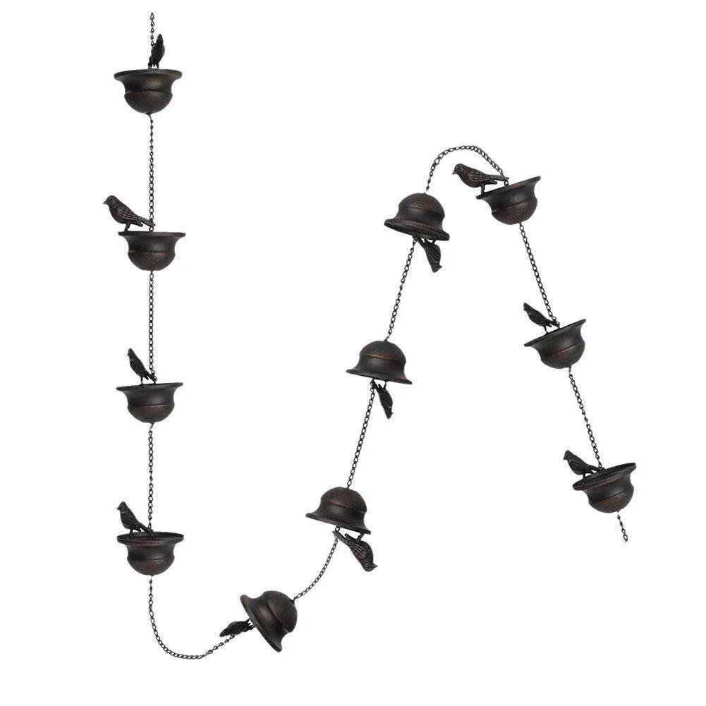 

2.4m Creative Birds On Cups Metal Rain Chain Rain Catcher Attached Hanger Wind Chimes Bells For Gutter Roof Decor Downspout Tool