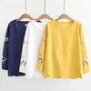 Pure Cotton Embroidered Long Sleeve Plus Size White T-shirt for Spring and Autumn - Retro Women's Top, Mother's Wear.