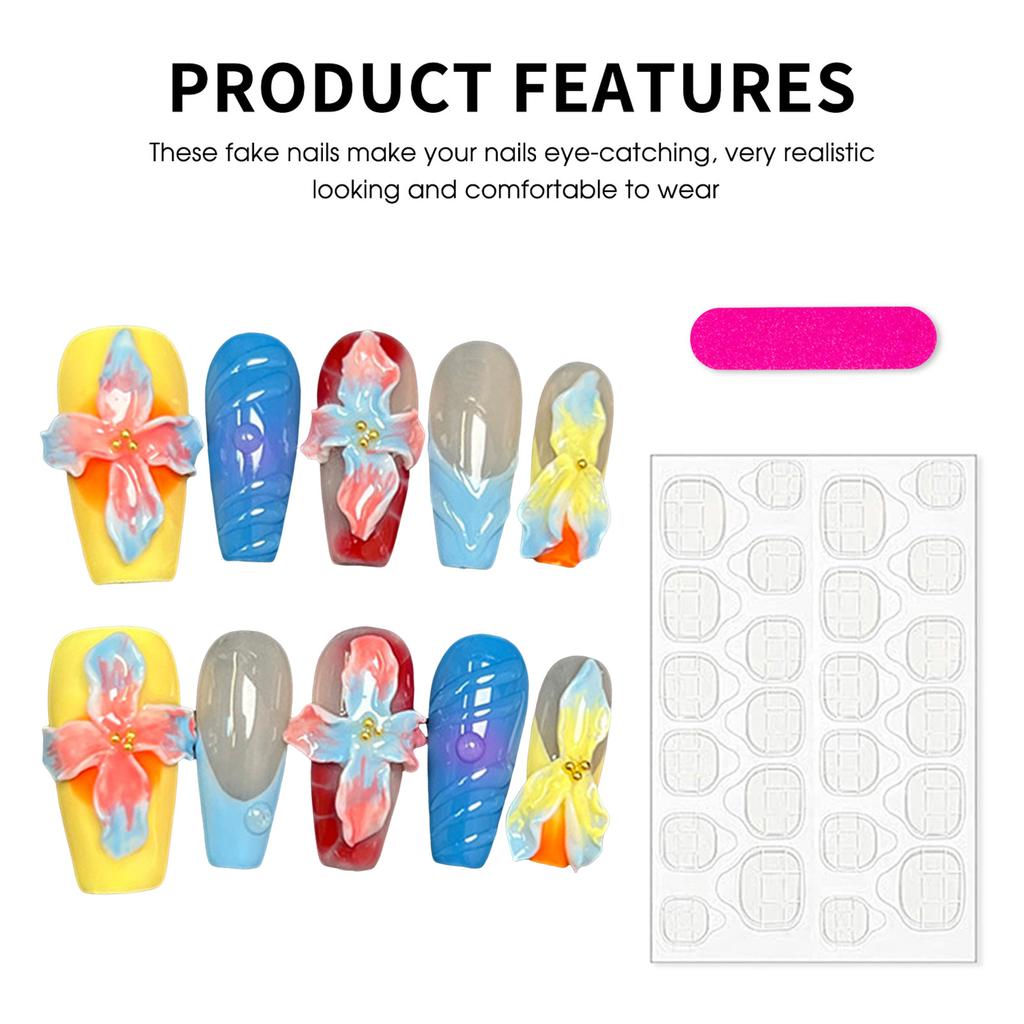 10PCS Colorful Fake Nails with Flower Decor with Zero Pressure On the Nail Bed Design for Working Dating or Partying