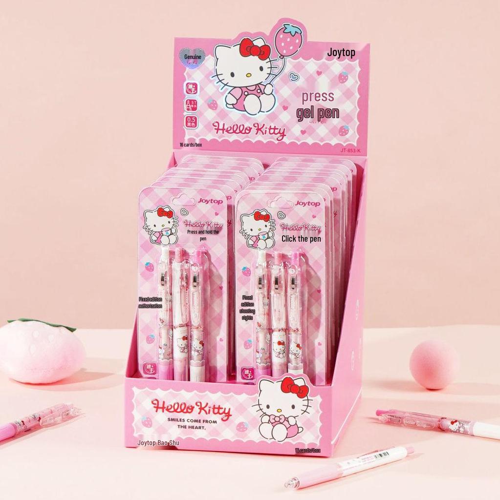 Genuine Hello Kitty 0.5mm Black Ink Clickable Ballpoint Pen with High-Value Pen Clip - 3-Pack Writing Tools.