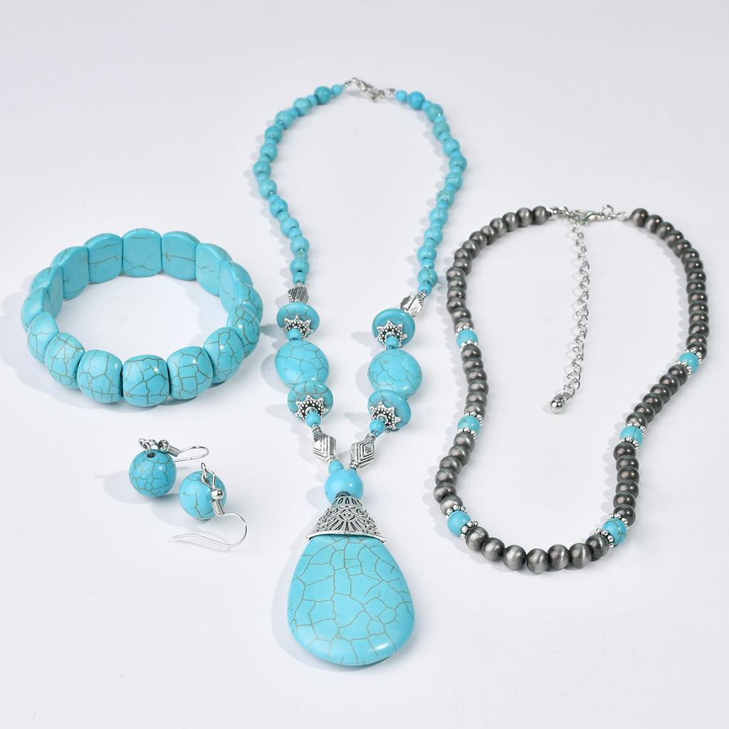 Vintage Round Beads Synthetic Turquoise Necklace Bracelet Earrings Set Women's Classic Trendy Holiday Handmade Zircon
