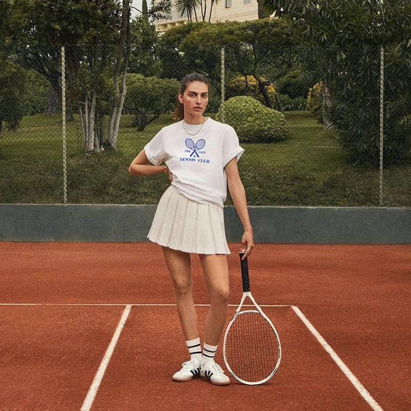 Black Short-Sleeved T-shirt Women 2025 New Arrival Summer Pure Cotton American Retro Sports Tennis Half Sleeve Tennis Club