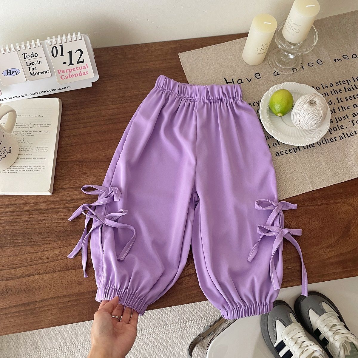 

Летние брюки для девочек, брюки в форме банта, брюки-фонарики, детские повседневные однотонные свободные брюки от комаров 140 фиолетовый