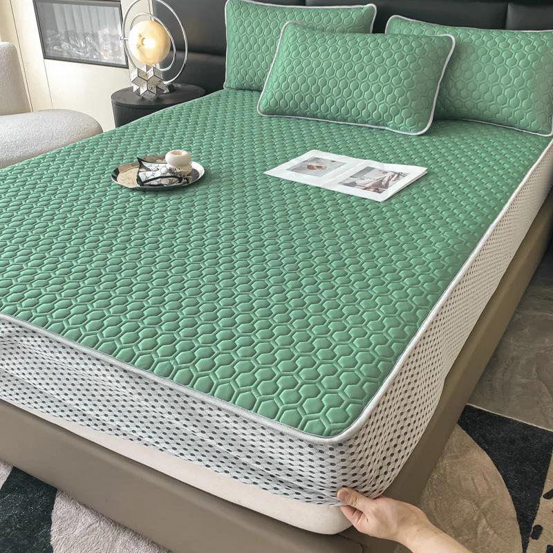 Soft Thick Latex Ice Silk Fitted Sheet Set Queen Cool Down Bed Sheet and Pillowcase Washable Machine Summer Cooling Mat for Bed