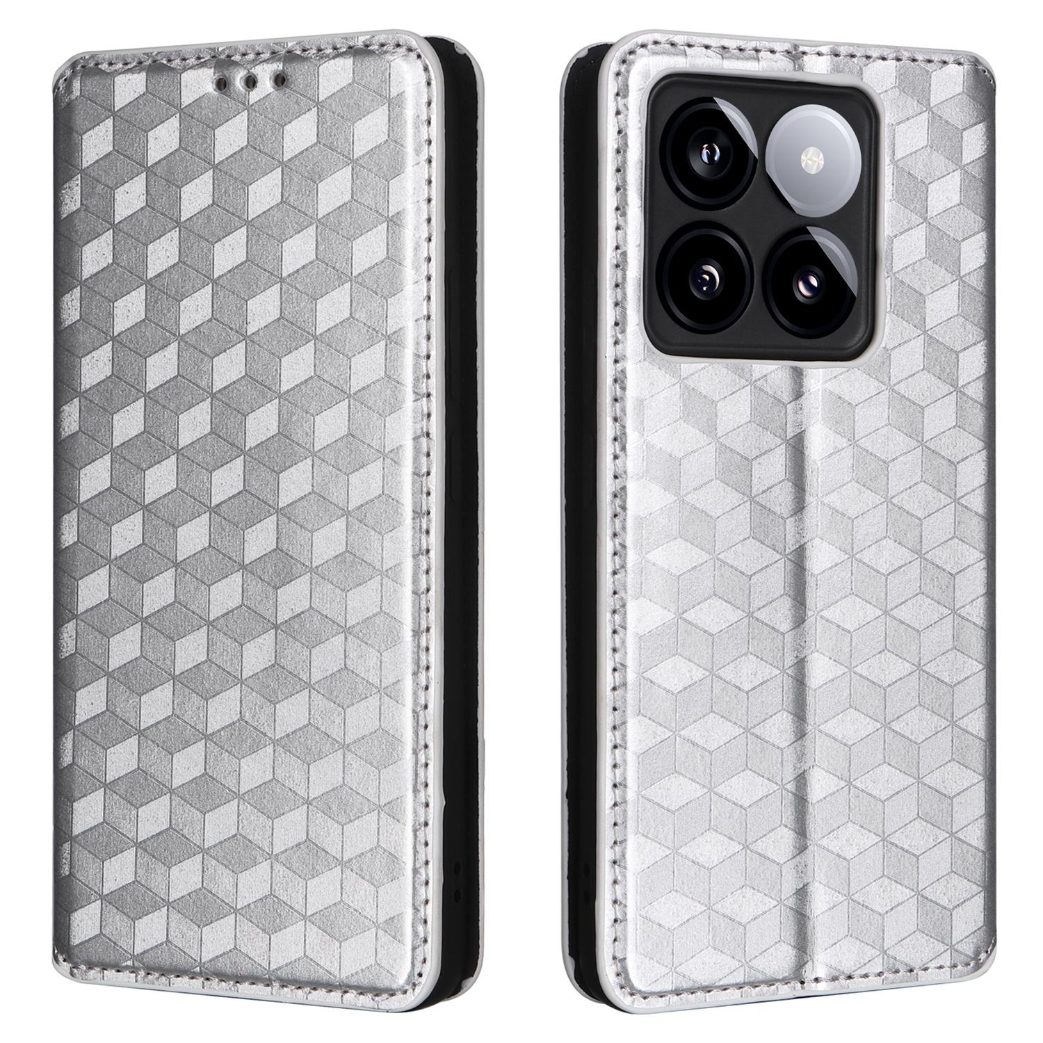 

For Xiaomi 14T Wallet Case Rhombus Imprinted Leather Phone Cover Silver
