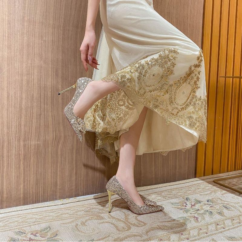 Crystal wedding shoes bride Xiuhe new pointed thin heel rhinestone sequined wedding dress high heels