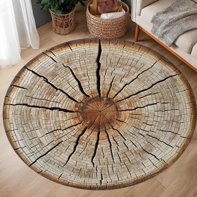 Natural Woodland Charm Tree Ring Pattern Round Rug Wood Log Floor Mat Trunk-Inspired Carpet Decorative Wood Crack Design Room