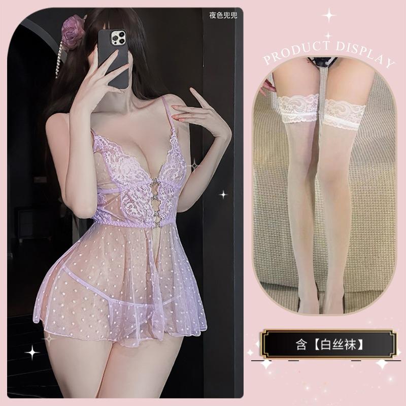 Sex Underwear Lace Pure Desire Wind Hollow Perspective Suspender Mesh Dress Small Chest Nightdress Suit Women