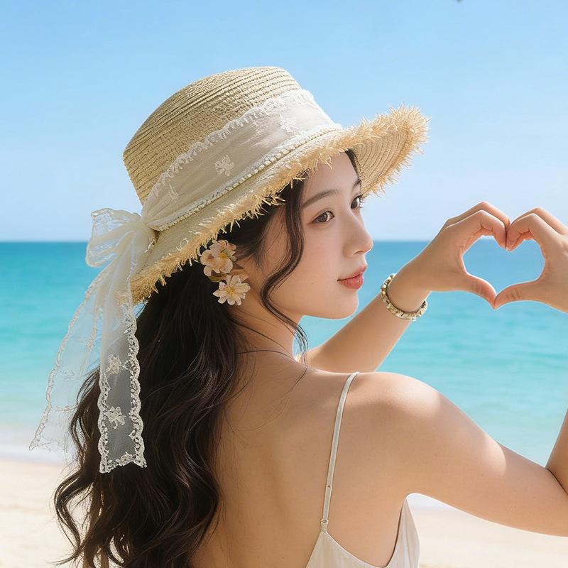 

Summer fashion pearl bow mesh raffia hat female sun hat M（56-58cm）