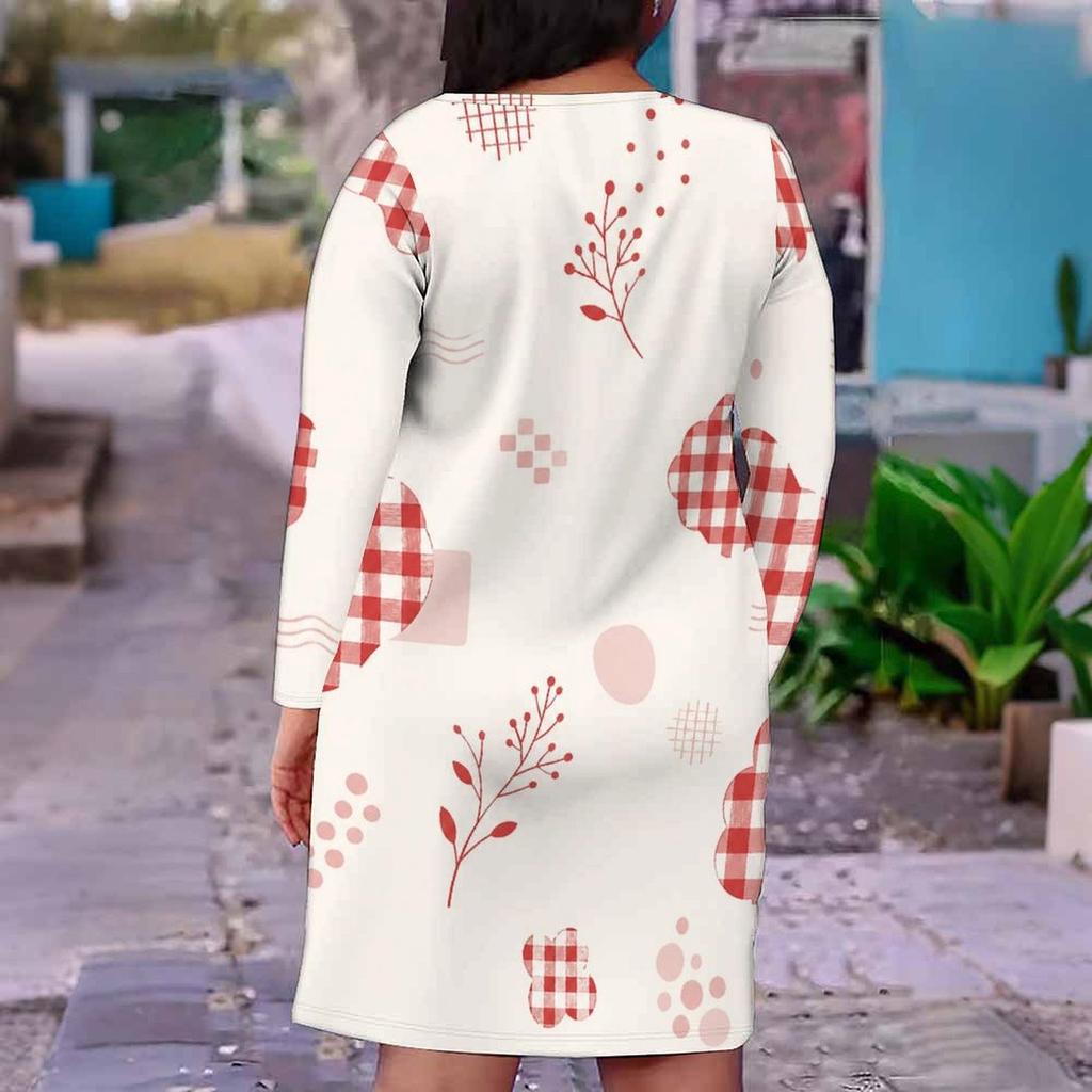 Women Plus Size V Neck Long Sleeve Fitted Printed Straight Midi Dress