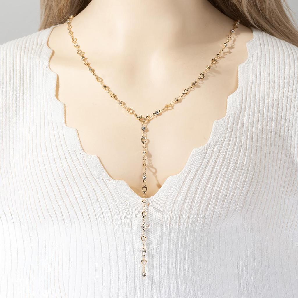 Cross-Border French Style Long Diamond Tassel Heart Choker Necklace for Women