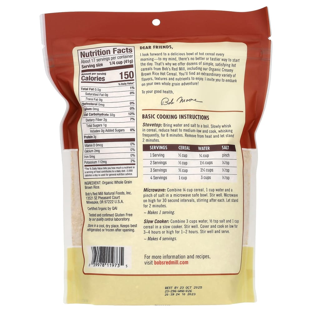 Bobs Red Mill Smooth Brown Rice Hot Cereal 680g (24oz)