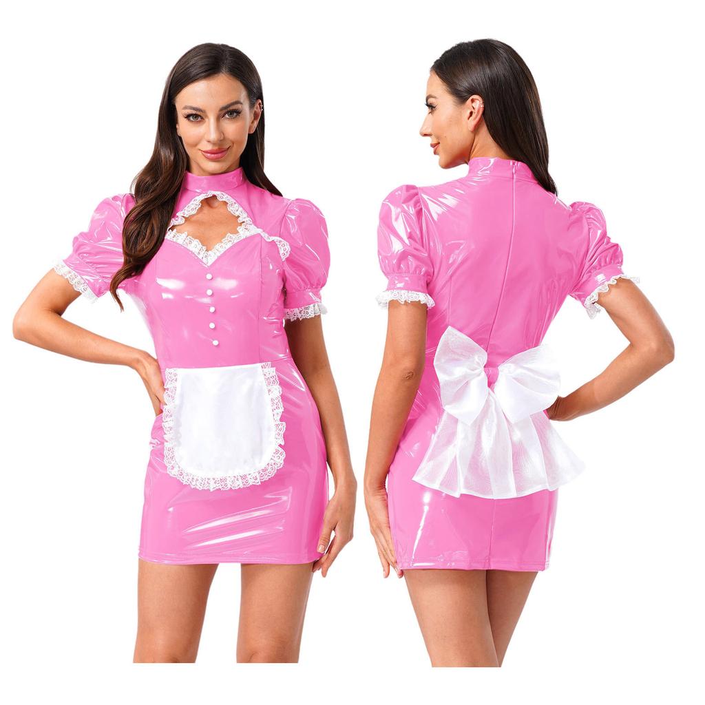 Women's French Maid Costume S-XXL - Hollow Out Lace Glossy PU Dress with Detachable Bow for Halloween Party