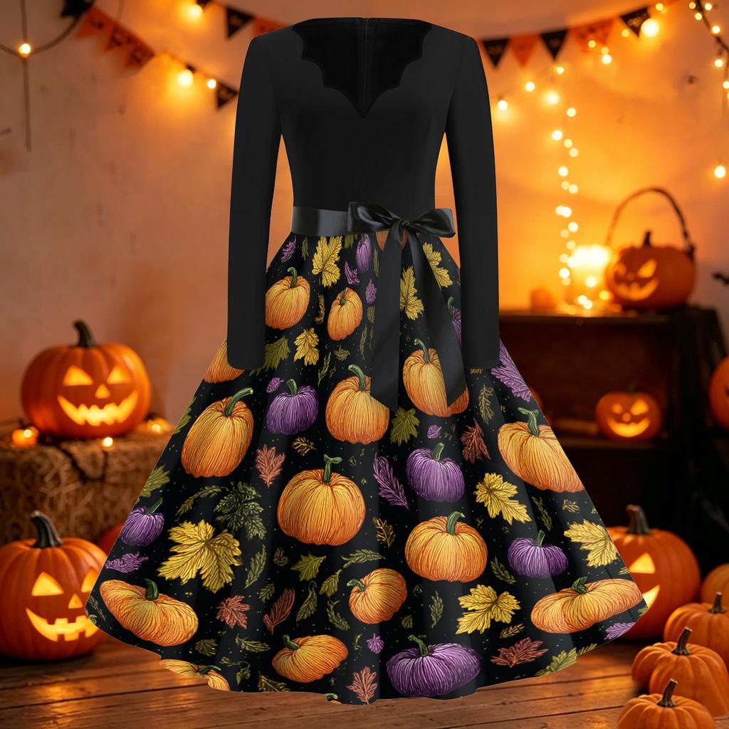 Women's Vintage Halloween Print V-Neck Dress, Long Sleeve Retro Party Outfit for Casual Party