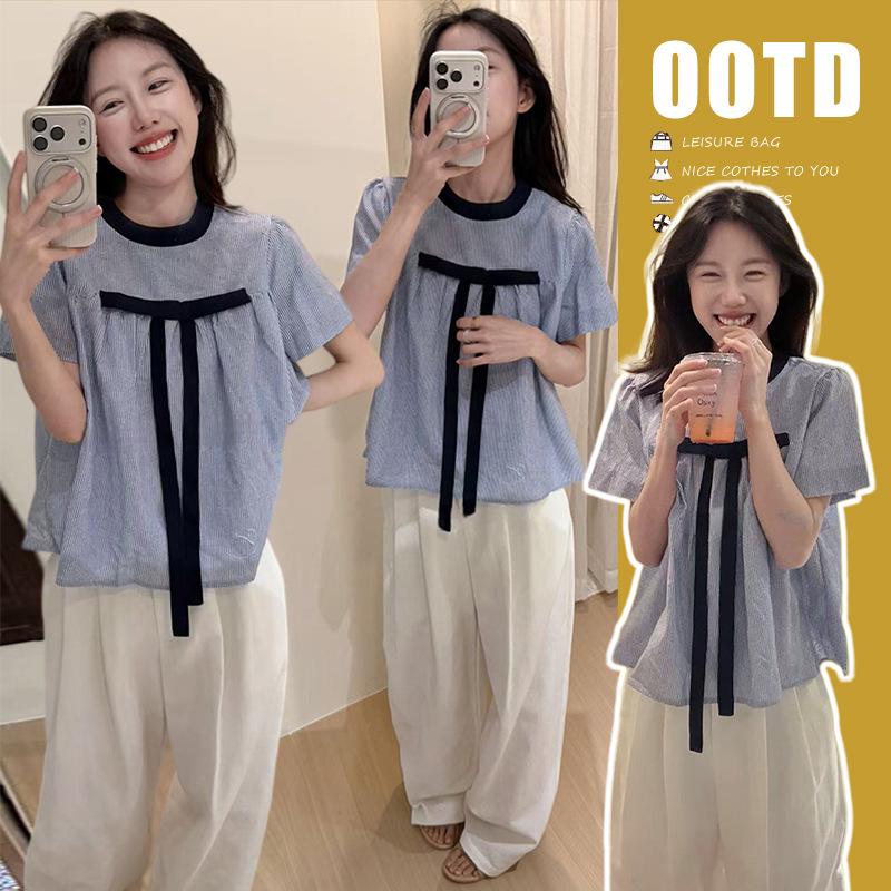 

2026 Korean Blue Striped Bow Top & Maternity High Waist Wide Leg Pants Set 2XL