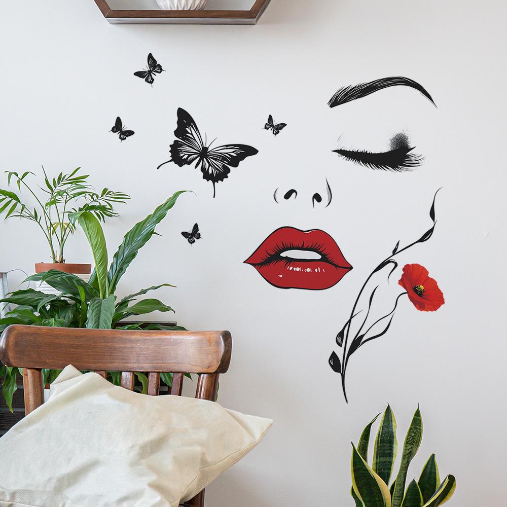 Beautiful Red Lips Woman Butterfly Wall Sticker Self-Adhesive Removable for Bedroom Living Room Entrance Home Decoration