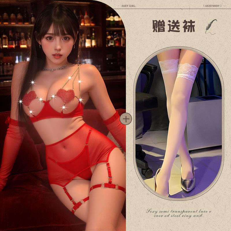 Sex underwear women's love chain hollow perspective temptation mesh bed teasing abstinence soul set