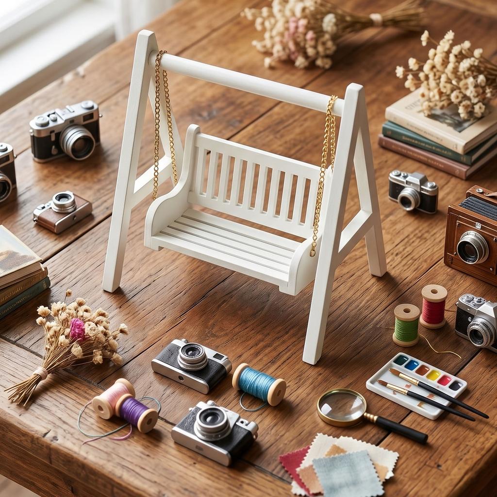 1:12 Scale Miniature Swing Vintage White Wooden Porch Swing Doll House Furniture Mini Garden Backyard Decor