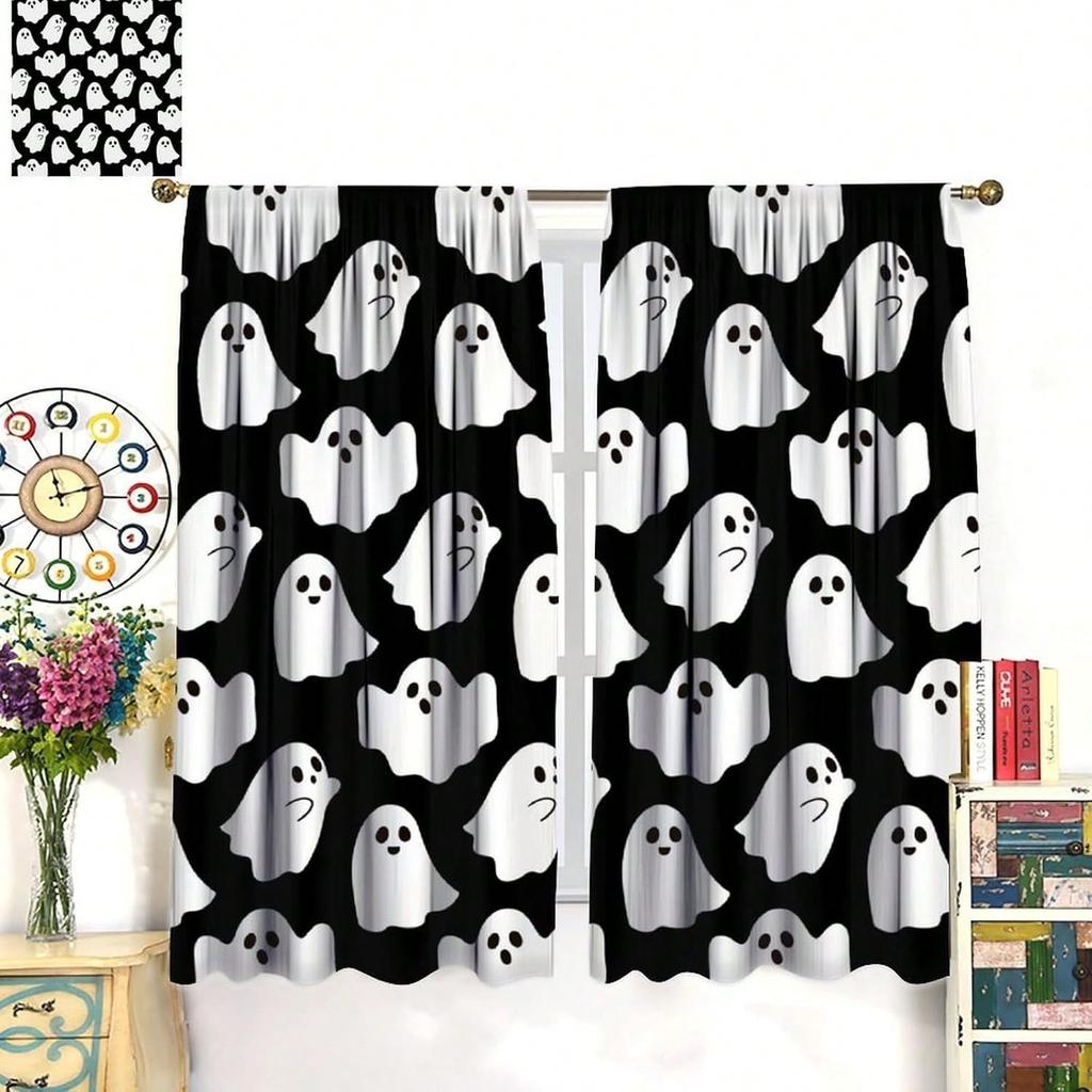 Halloween Ghost Curtains Spooky Cute Funny Cartoon Ghosts Icons Black White Curtain Bedroom Living Room With Rod Pocket Polyester Ideal For Sitting