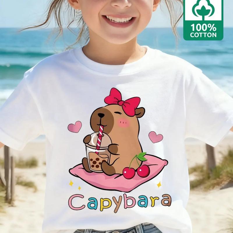 

2026 Chic Kids Capybara T-Shirt Sweet Bow & Boba Print 100% Cotton Light Blue 150
