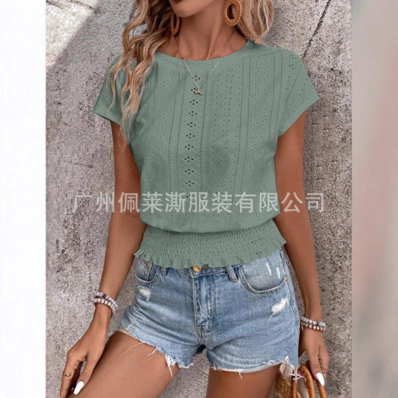 2026 Spring/Summer Jacquard Solid Color Round Neck Ruched Hollow Batwing Short Sleeve Women's T-Shirt for Commuting