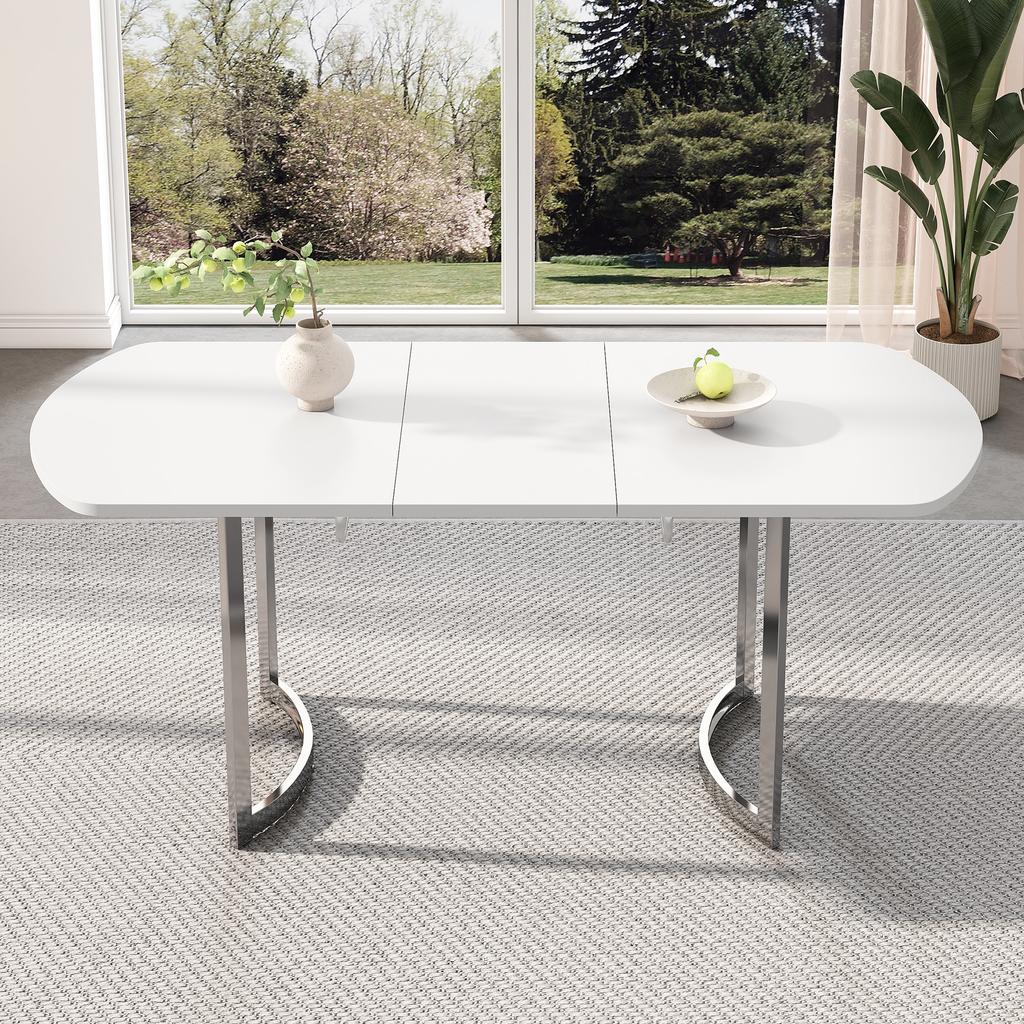 Extendable Dining Table 140/180 x 80 cm, Modern Style, High-Strength Alloy Bracket, Suitable for 4-6 People, White + Silver-Plated Table Legs