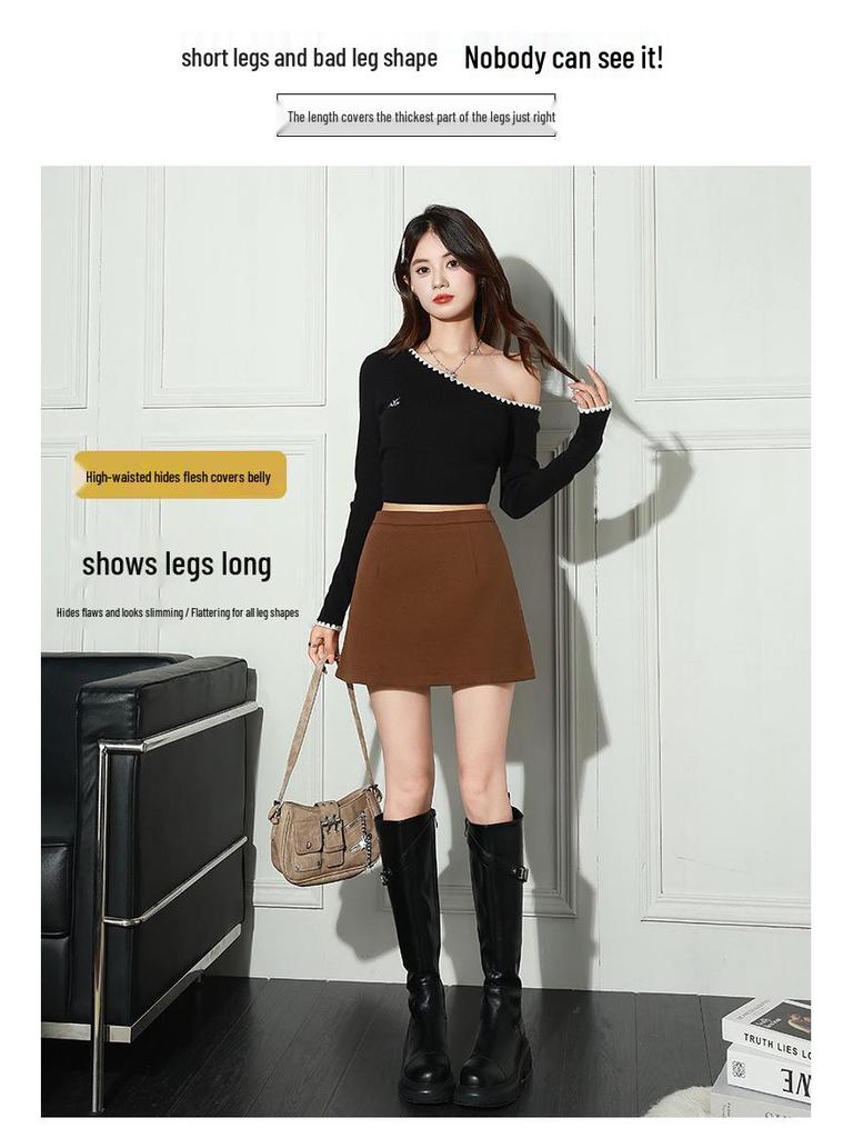 Autumn 2025 High-Waisted Woolen Half-Skirt for Women - Slimming, Hip-Hugging Design with Anti-Exposure Lining