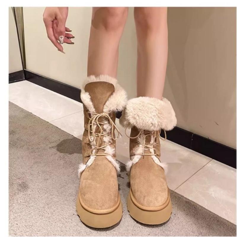 Lace-up Two-wear Snow Boots for Women's Winter New Thick-soled Medium Tube Fur Integrated Fleece Thickened Cotton Boots