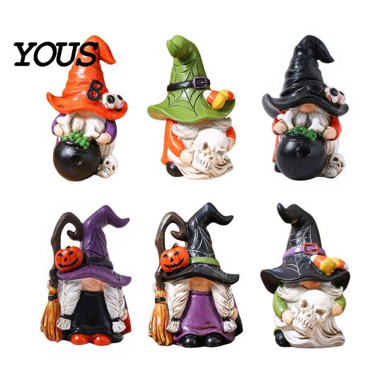 Weather Resistant Gnome Sculptures Halloween Witch Hat Figurine, Mini Wizard Resin Figurines Statue, Dwarf Sculpture Ornament for Indoor Outdoor