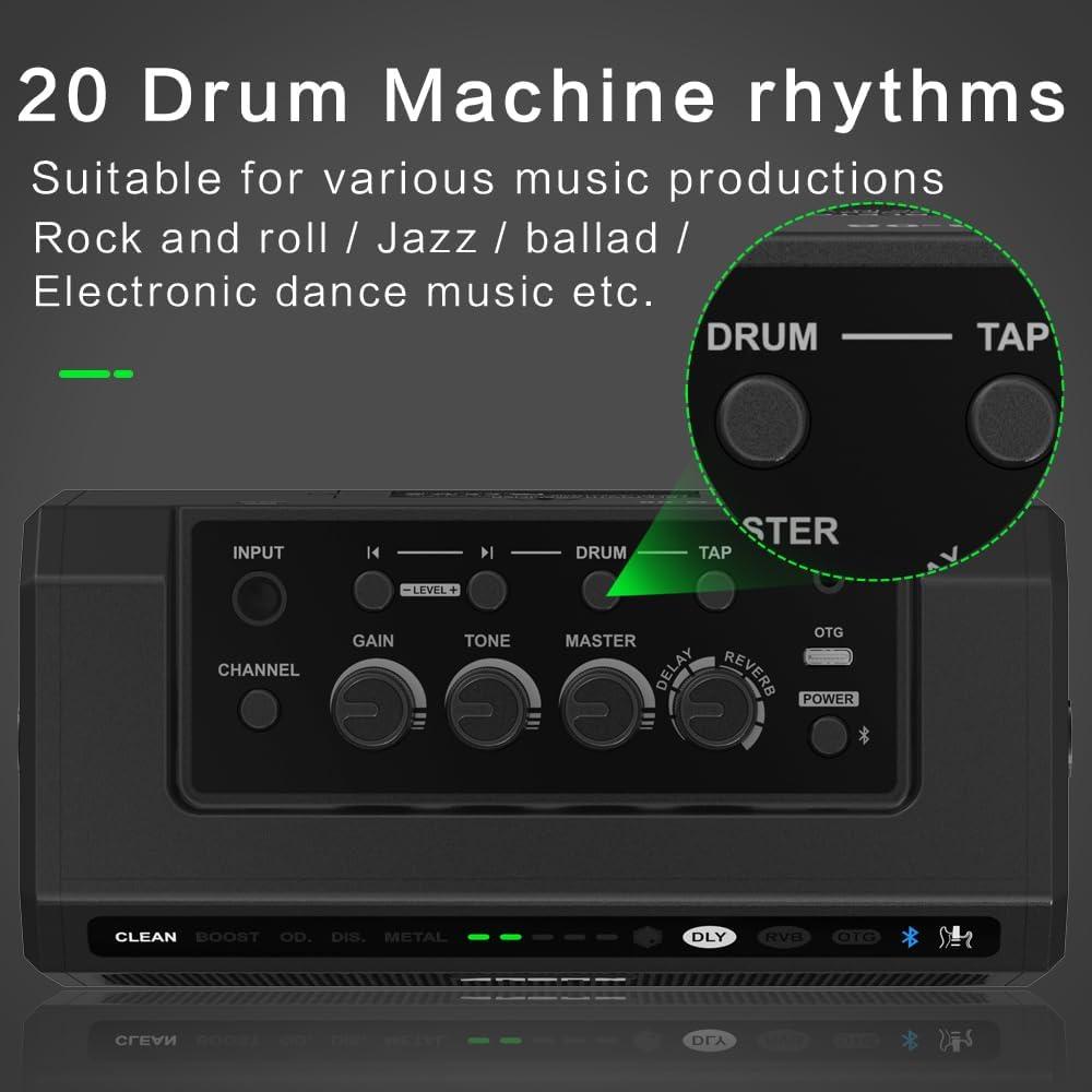10W Portable Rechargeable Guitar Amp, 5 Channels, Bluetooth Acoustic/Electric Mini Amplifier With Reverb, Delay, 20 Drum Patterns, LED Display