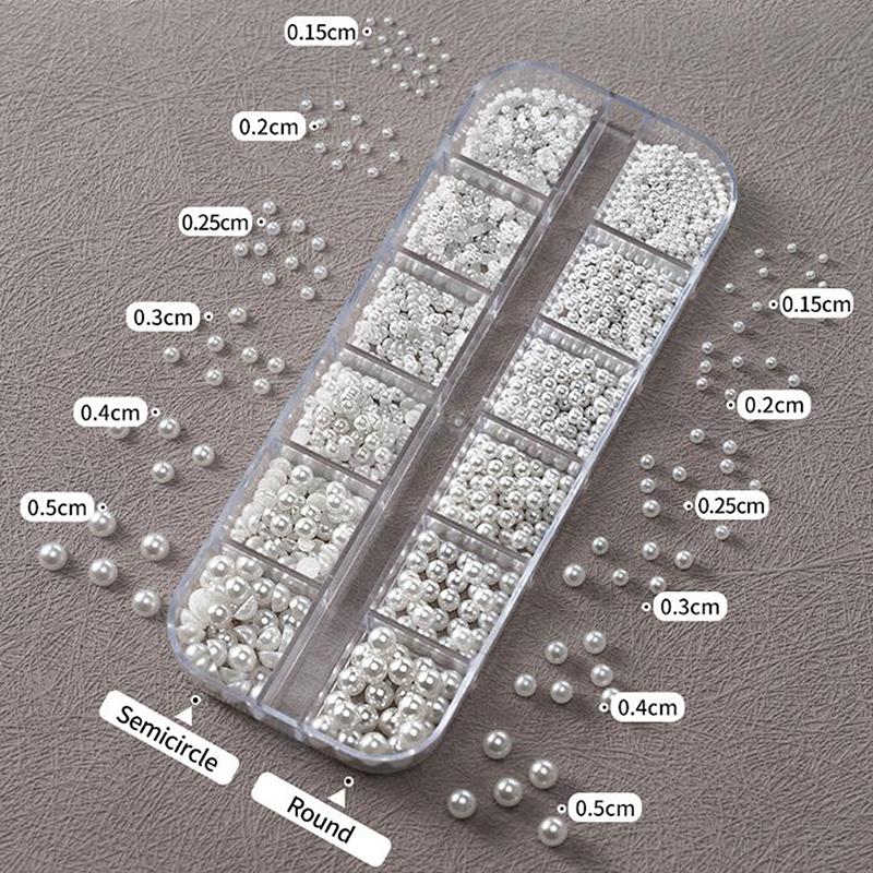 New-12Grids 3D Mixed White Pearls Nail Charms 0.15-0.5mm Pearl Beads Nail Art Rhinestones DIY Manicure Accessories
