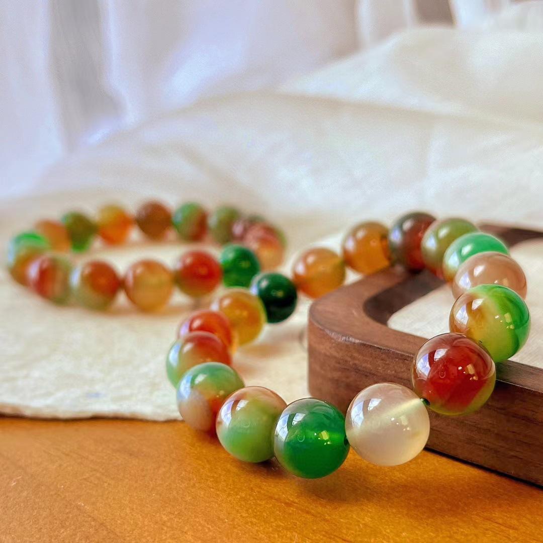 Retro Colorful Peacock Agate Bracelet, Round Bead Bracelet, Large Particle Chalcedony Bracelet.
