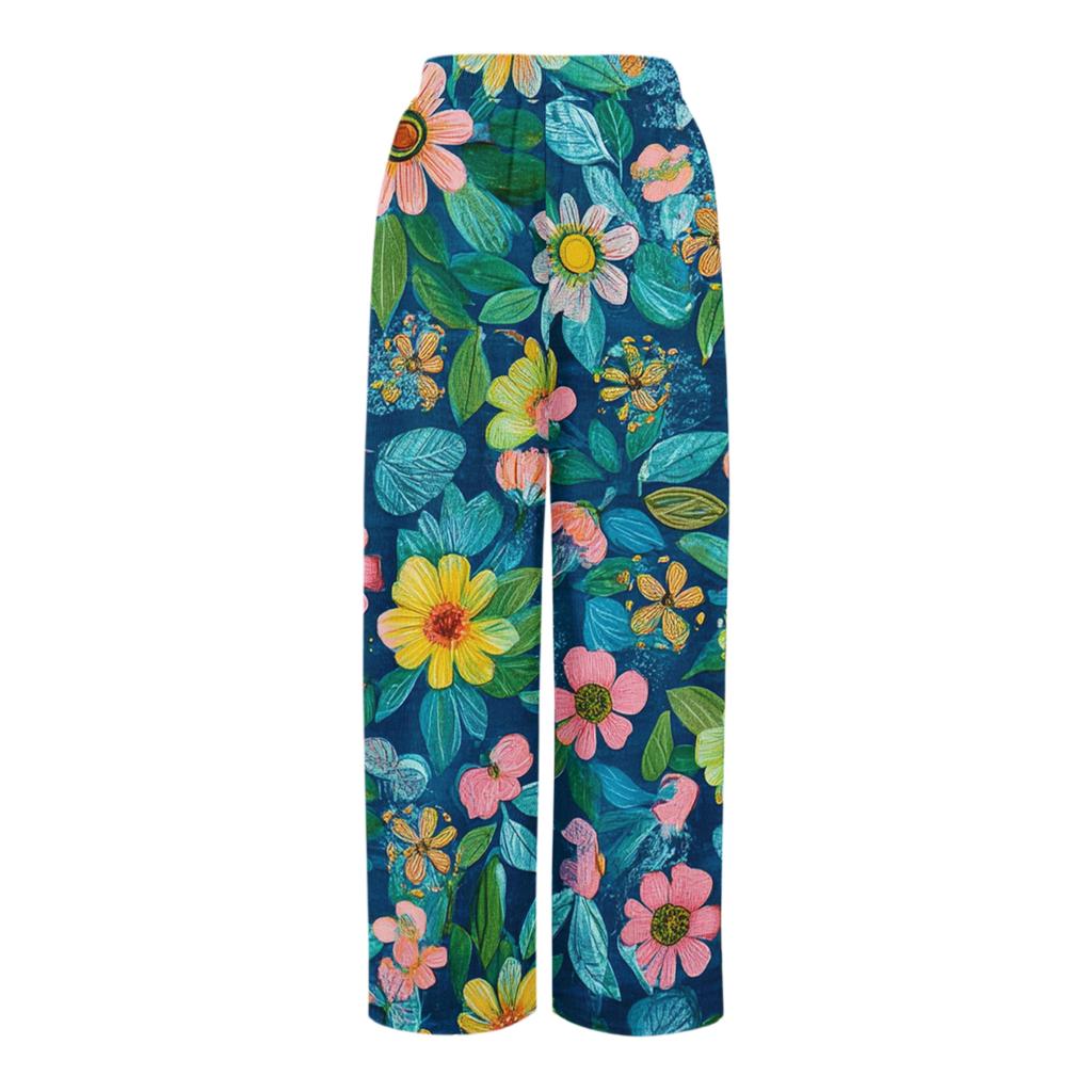 Women's Loose Casual Floral Print Wide Leg Pants With Elastic Waist Drawstring And Pocket Pants
