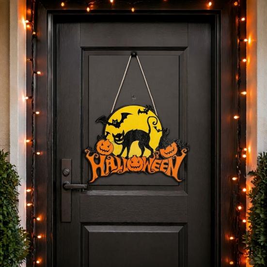 Party Supplies for Halloween Wood Door Hanger Sign, Pumpkin And Black Cat Printed, with Hemp Indoor Holiday Plaque Rope Lanyard, Decorative Wall
