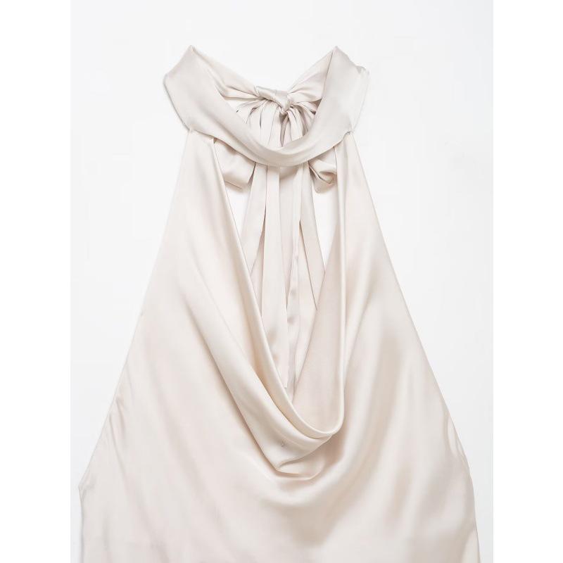 2025 Silk Satin Halter Neck Sleeveless Top with Draped Collar