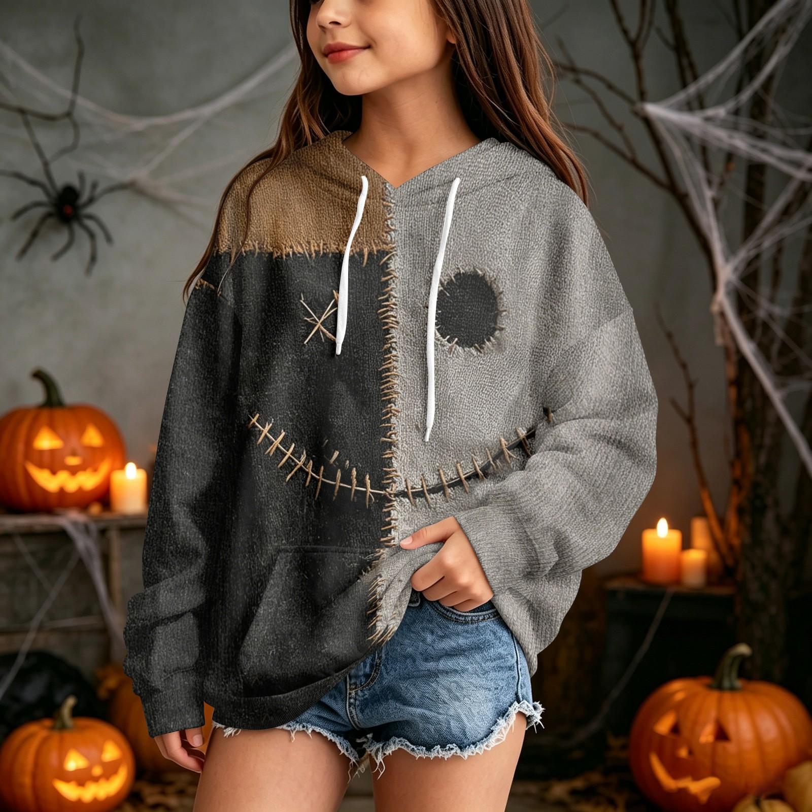 Kids Casual Hooded Sweatshirt with Halloween Print Pullover for Daily Wear 160