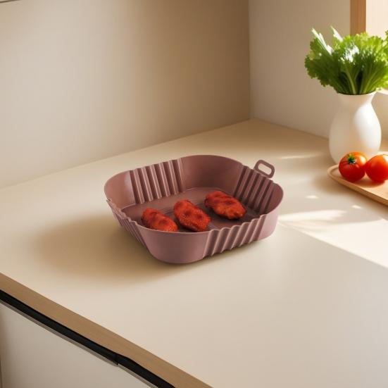 Rectangle Silicone Fryer Liner with Dual Handles Dishwasher Safe Non Stick Food Grade Heat Resistant Reusable Oven Baking Tray Basket Bowl