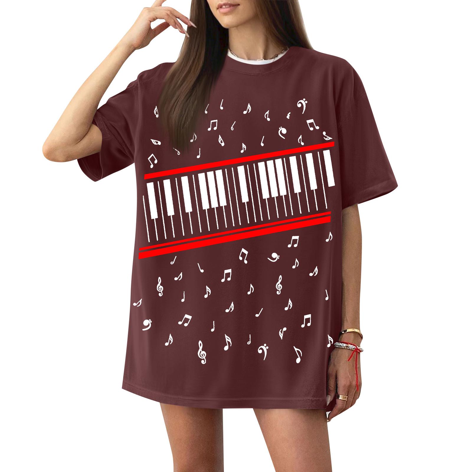 

Women Casual Short Sleeve T Shirt Loose Fit Crew Neck Top with Music Note and Piano Key Print Lightweight Summer Tee XL винний