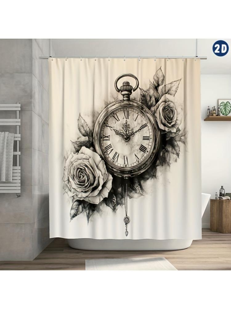 

Pocket Watch & Roses Shower Curtain – Vintage Design, Durable Polyester With Hooks, For Bathrooms W60H190(CM)-1 Pcs