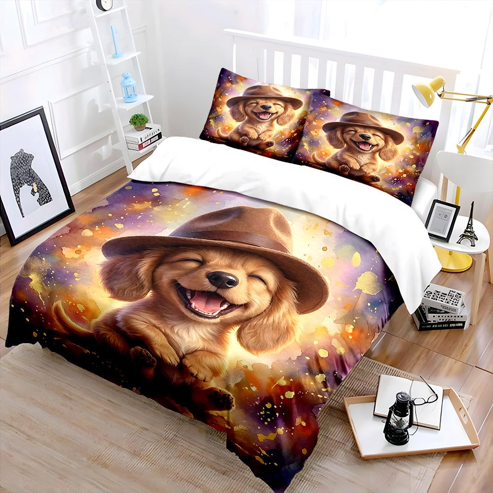 Cute Puppy Wearing a Brown Hat Print Bedding Set 1 Duvet Cover 2 Pillowcases for Adult and Children Luxury Gift Full Size