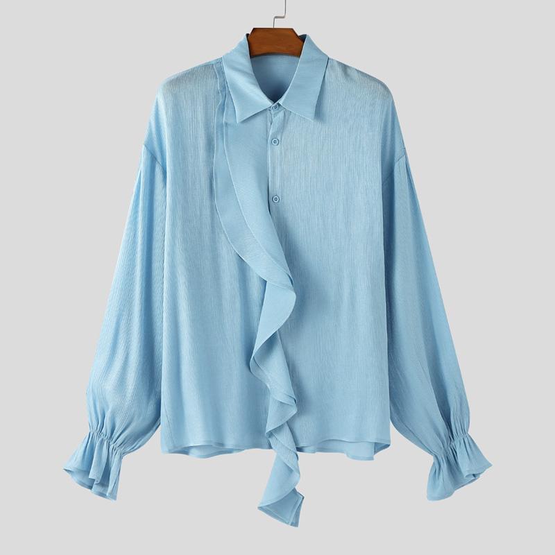 

INCERUN Мужские рубашки с длинным рукавом, лацканами, оборками, пэчворком, повседневные, на пуговицах S синий