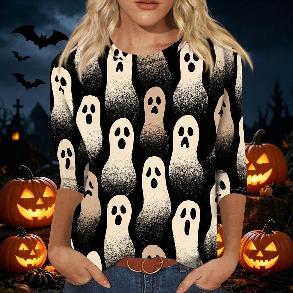 Women's Casual Three Quarter Sleeve Halloween Theme Printed Crew Neck Top Relaxed Fit Soft Material Holiday Blouse Shirt