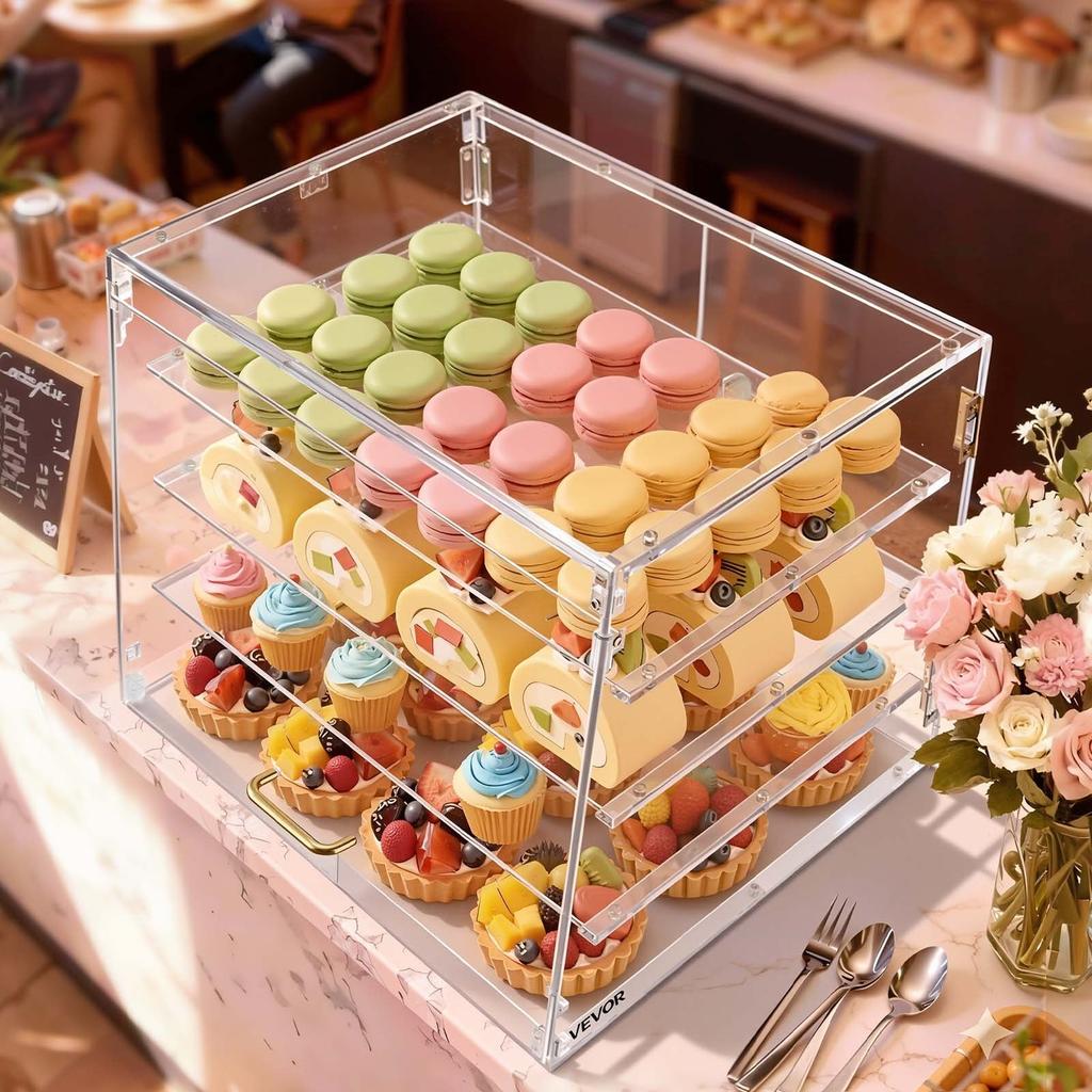 Bakery Display Case, 4-Tier Commercial Countertop Pastry Display Case, Clear Acrylic Bread Box for Kitchen, Party Cake Cabinet with Magnetic Rear Door